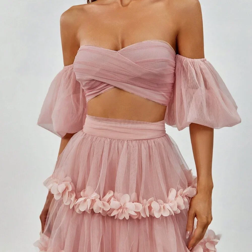 Dusty Pink Party Women's Off-Shoulder Crop Top & Ruffled Tulle Skirt Set - Picture 4 of 6